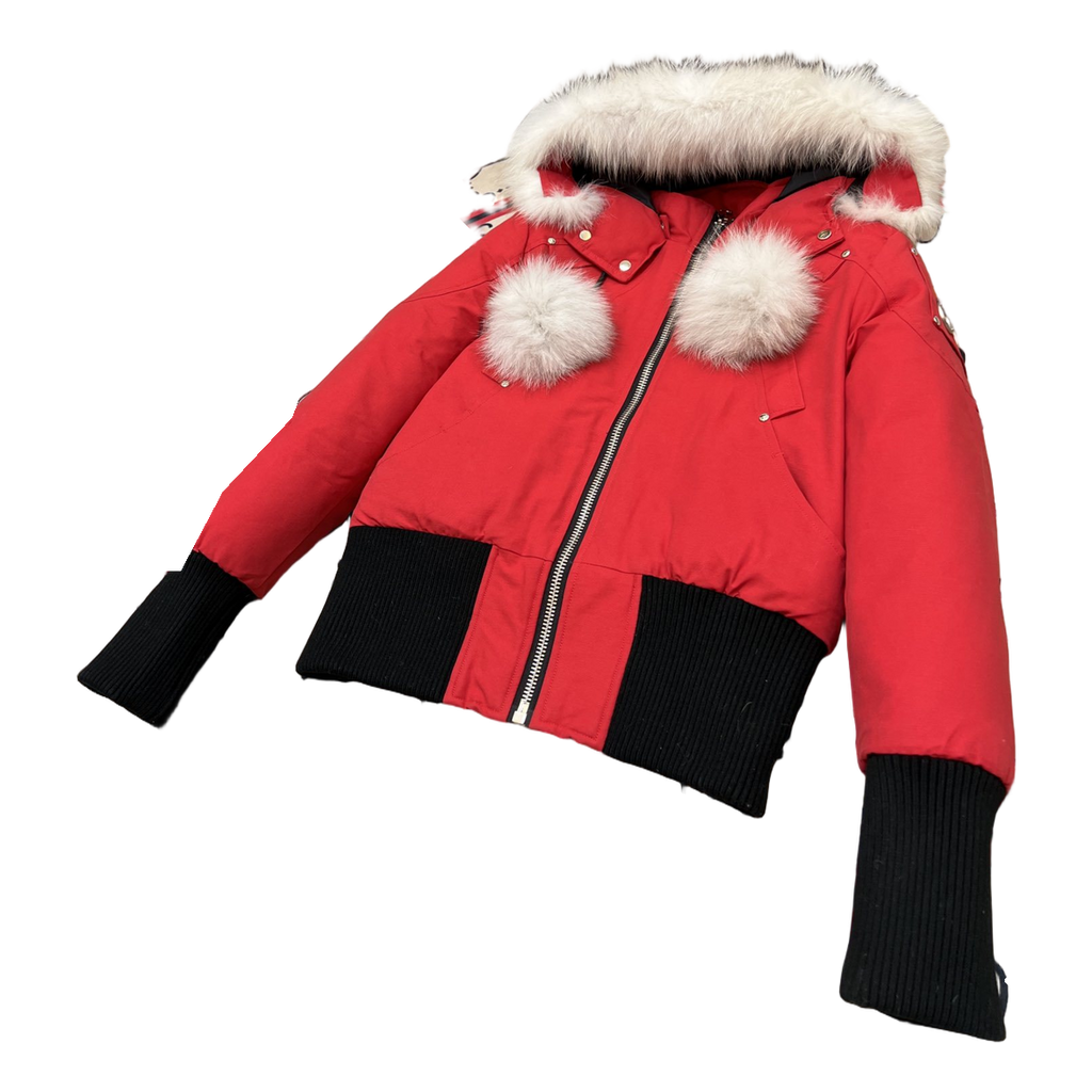 Moose Knuckles Debbie Pom-Pom Hooded Bomber Jacket - Red