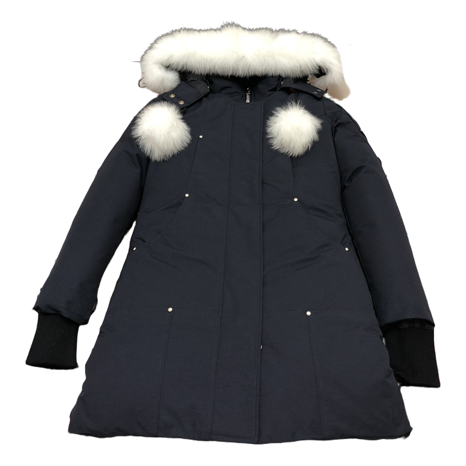 Moose Knuckles Stirling Pom-Pom Hooded Down Parka in Navy