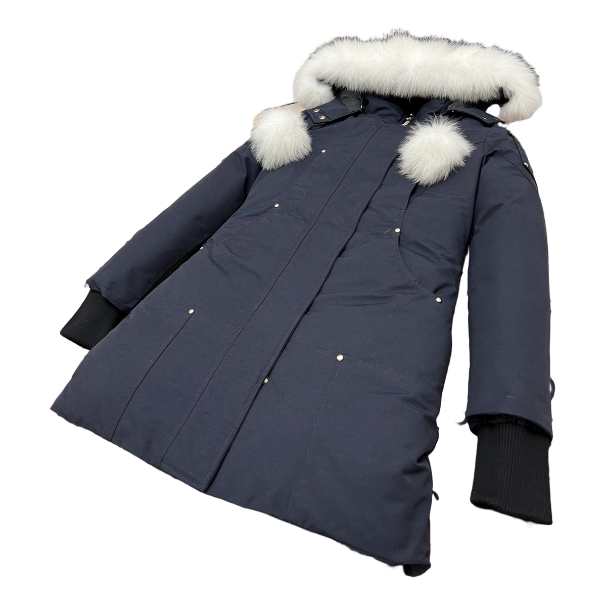 Moose Knuckles Stirling Pom-Pom Hooded Down Parka in Navy
