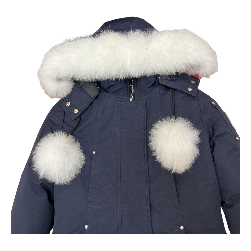 Moose Knuckles Stirling Pom-Pom Hooded Down Parka in Navy