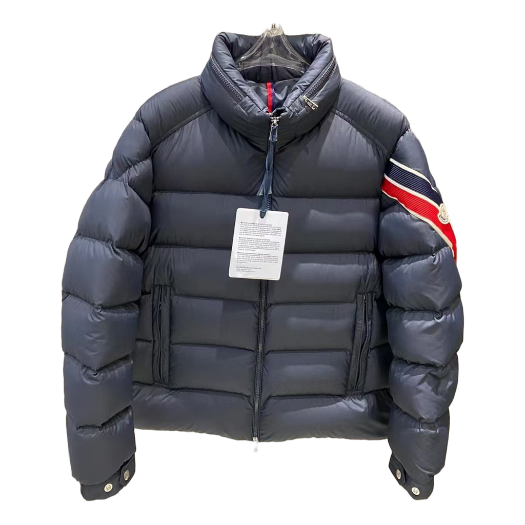 Moncler Tricolour Sleeve-Band Stand-Collar Puffer Jacket - Navy