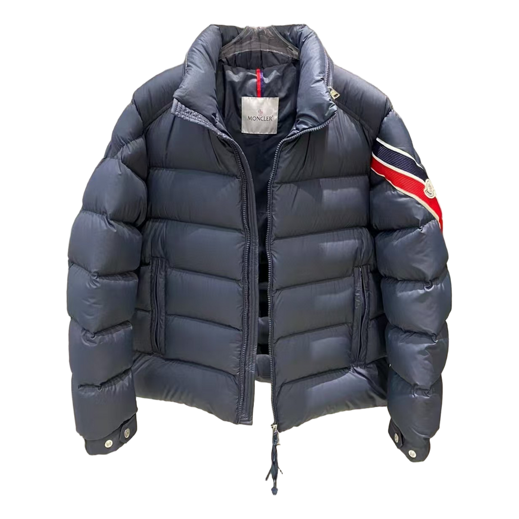 Moncler Tricolour Sleeve-Band Stand-Collar Puffer Jacket - Navy