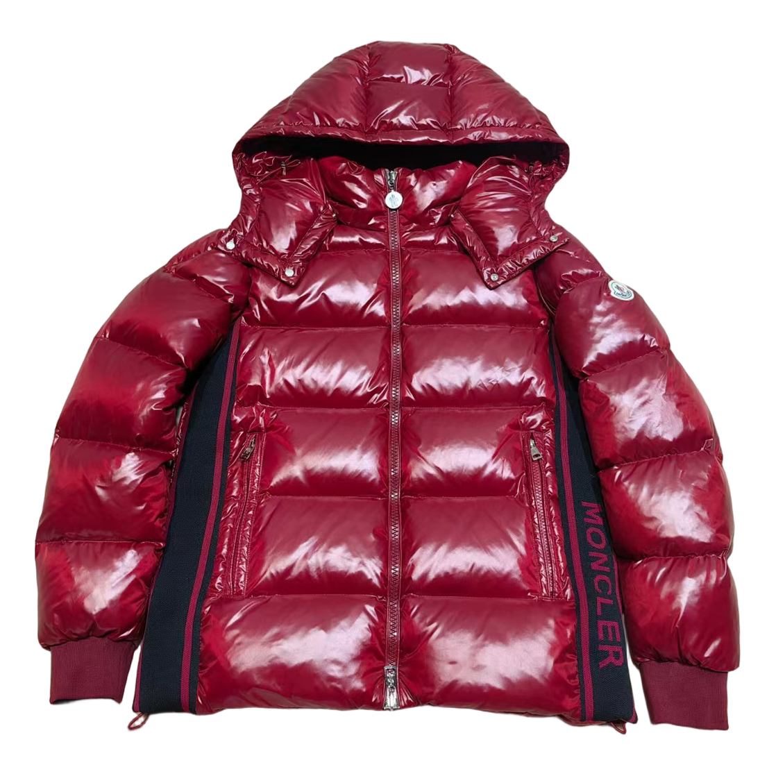 Moncler Logo-Zip Glossy Hooded Puffer Jacket - Red
