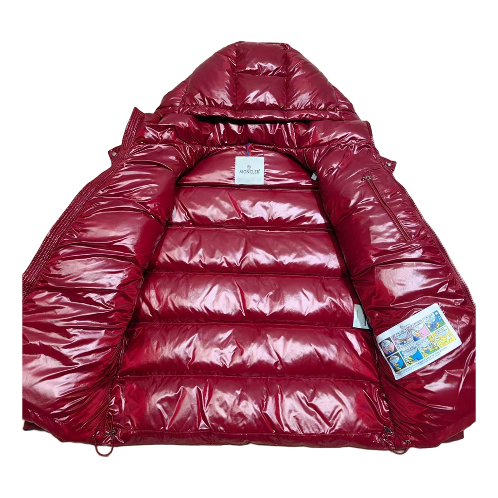 Moncler Logo-Zip Glossy Hooded Puffer Jacket - Red