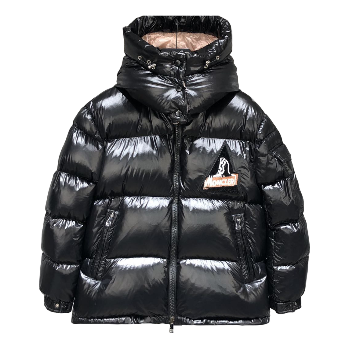 Moncler Mountain-Badge Glossy Short Puffer Jacket - Black