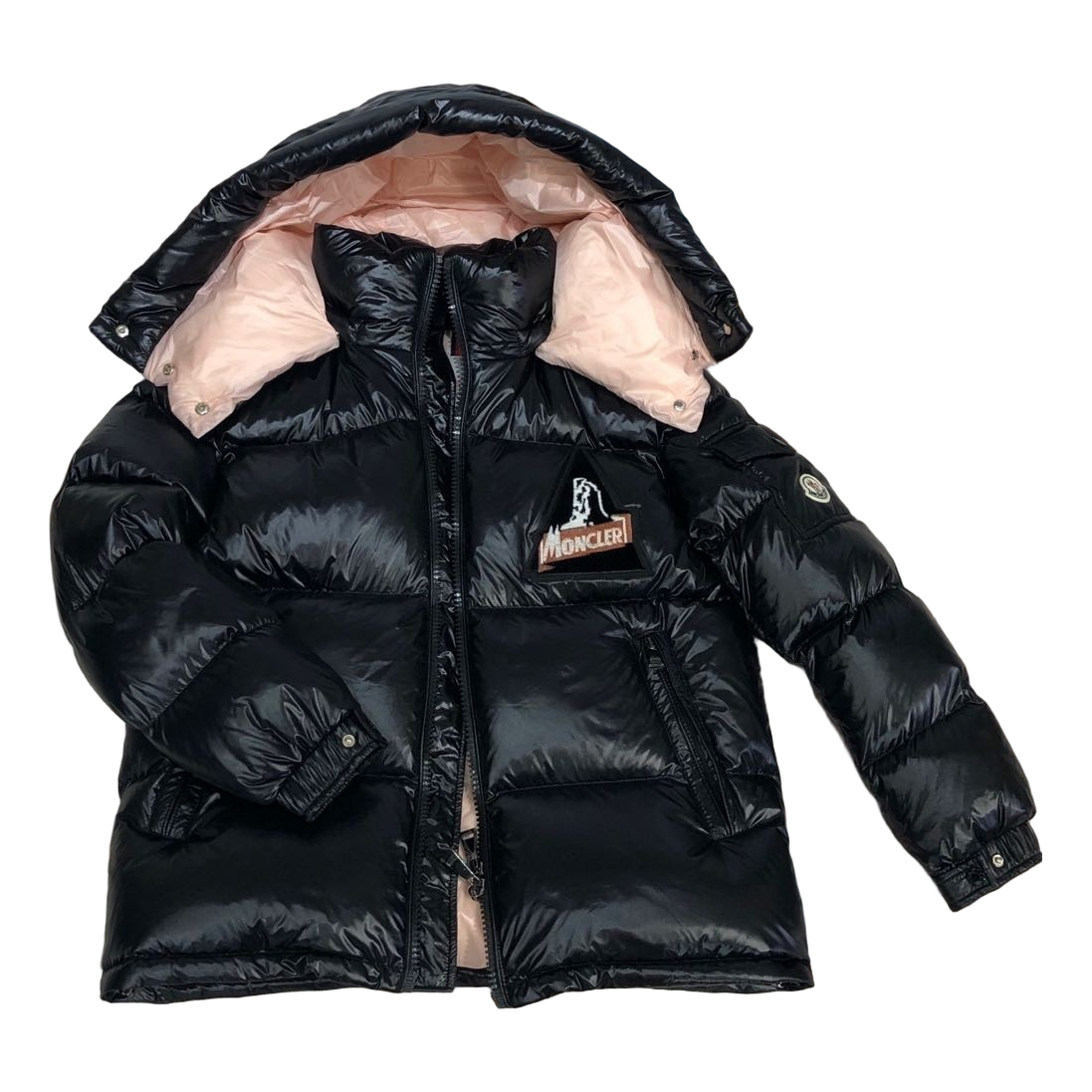 Moncler Mountain-Badge Glossy Short Puffer Jacket - Black