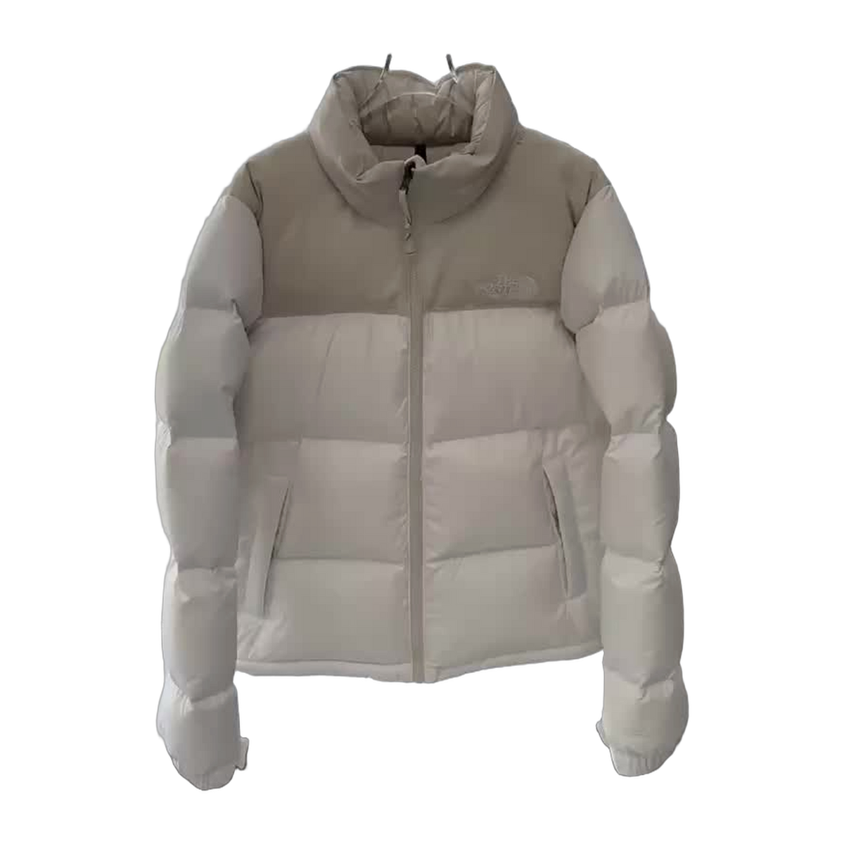 The North Face Cropped Puffer Jacket in Cream, Stand Collar