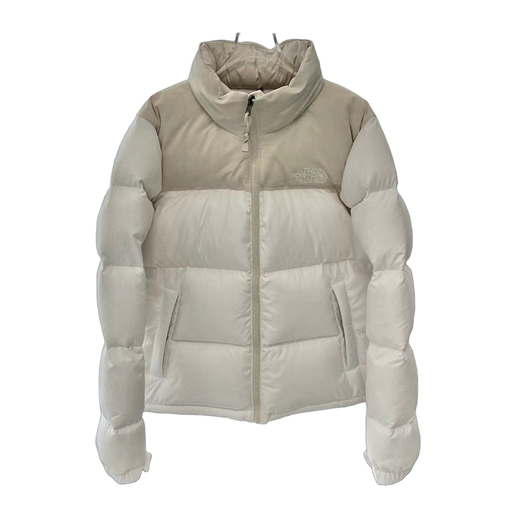 The North Face Cropped Puffer Jacket in Cream, Stand Collar