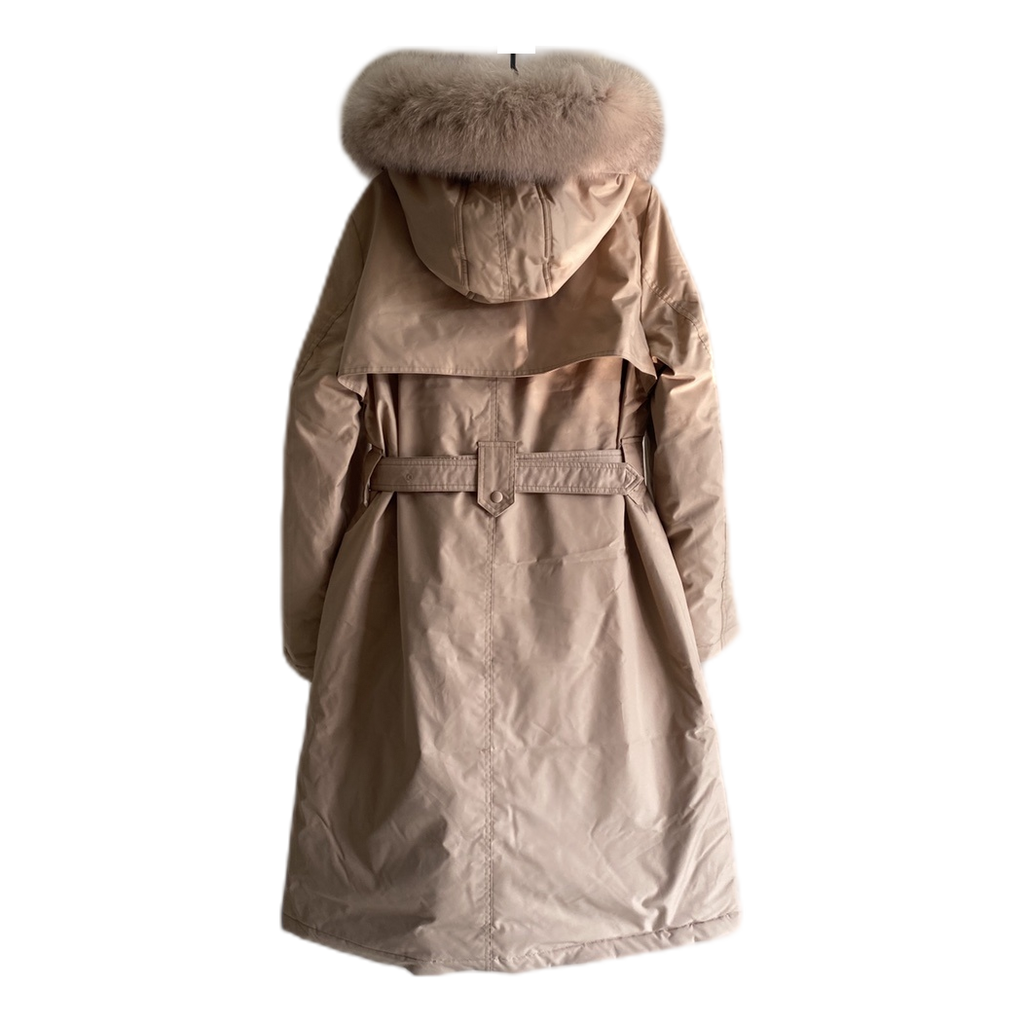 Prada Belted Faux Fur-Trim Hooded Coat in Blush Beige