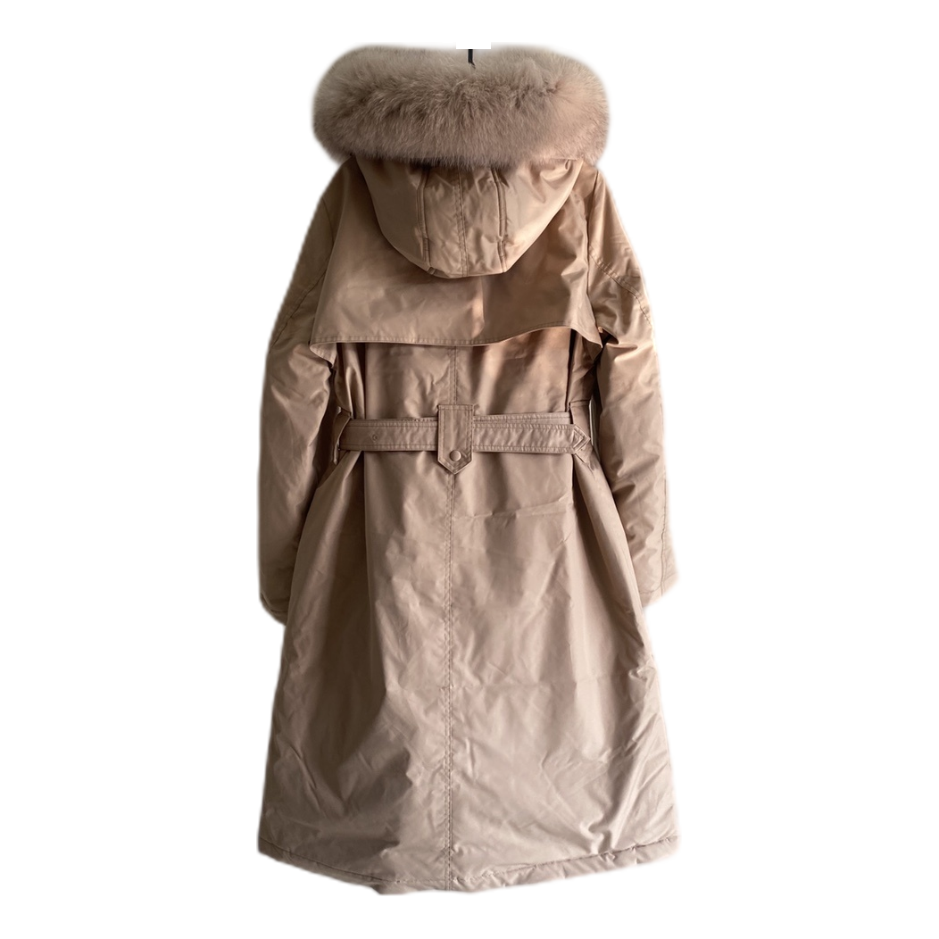 Prada Belted Faux Fur-Trim Hooded Coat in Blush Beige