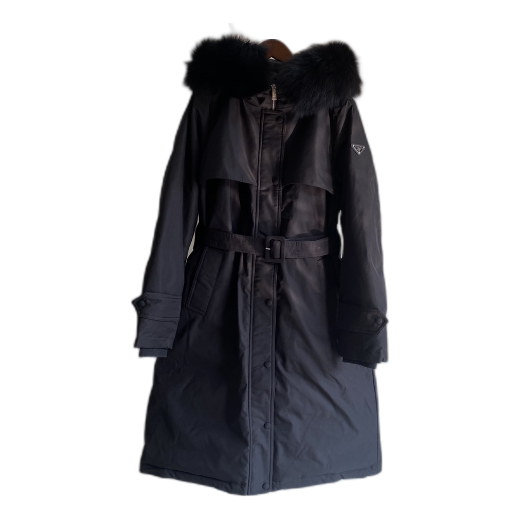 Prada Belted Faux Fur-Trim Hooded Coat in Black